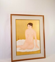 真作 大野俊明 日本画「待」画寸 53cm×72.5cm 20号 京都府出身 京都市立芸術大学特任教授 淡い色合い繊細な女性の機微を巧みに捉える 8439_画像8