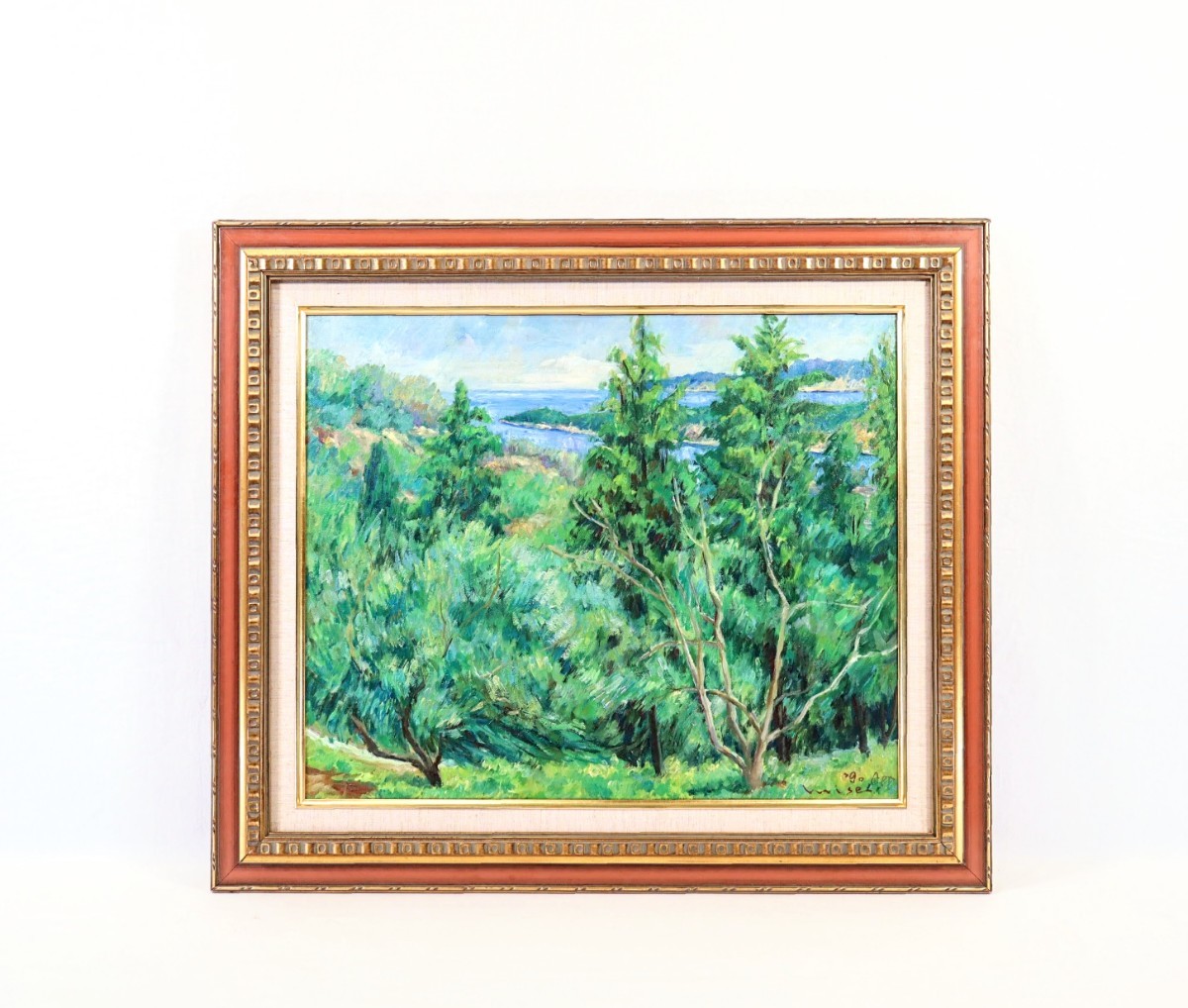 Trabajo genuino de Nobuo Mise, abril de 1990, pintura al óleo Olive Hill tamaño 60, 5 cm x 50 cm F12 Paisaje primaveral de vibrantes campos de olivos verdes y el tranquilo mar interior de Seto en la distancia 8478, Cuadro, Pintura al óleo, Naturaleza, Pintura de paisaje