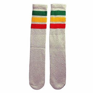 SkaterSocks ロングソックス 靴下 ソックス スケボー Knee high Grey tube socks with Green-Gold-Red stripes style 1 (22インチ)