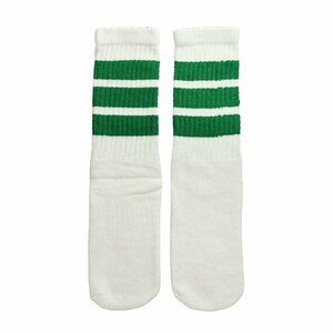 SkaterSocks キッズ 子供 ロングソックス 靴下 ソックス スケボー Kids White tube socks with Green stripes style 1 (14インチ)