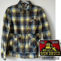U■BEN DAVIS ベンデイビス メンズ 長袖 チェックシャツ ジップアップ Lサイズ 黄×青×茶 ネルシャツ ロゴ トップス オーバーシャツ_画像1