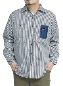 【新品】 3L 24SSストライプ [GENUINE Dickies] ワークシャツ メンズ 大きいサイズ ポケット切替 ストライプ ツイル 長袖シャツ