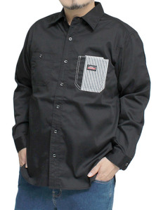 【新品】 4L 24SSブラック [GENUINE Dickies] ワークシャツ メンズ 大きいサイズ ポケット切替 ヒッコリー ツイル 長袖シャツ