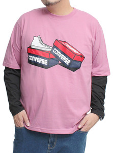 【新品】 5L ピンク コンバース CONVERSE 長袖Tシャツ メンズ 大きいサイズ フェイクレイヤード ロゴ シューズ プリント クルーネック カッ