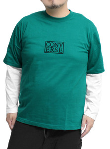 【新品】 5L グリーン コンバース CONVERSE 長袖Tシャツ メンズ 大きいサイズ フェイクレイヤード ロゴ シューズ プリント クルーネック カ