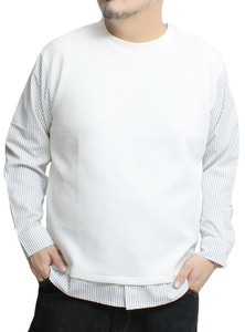 【新品】 2L ホワイト 長袖 Tシャツ メンズ 大きいサイズ 切替 ストライプシャツ コンビ クルーネック カットソー