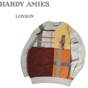 極美品 最高級 HARDY AMIES フワフワ極上 圧巻 豪華刺繍 蓄熱保温 コットン ニット セーター メンズL ハーディエイミス ラガチェ 2312286