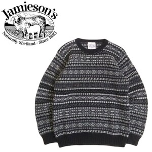 極美品 フワフワ極上 スコットランド製 Jamieson's ノルディック ネイティブ柄 ウール ニット セーター メンズL ジャミーソンズ 黒 240161