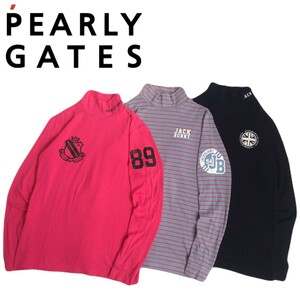 美品 フワフワ3点 PEARLY GATES 蓄熱保温 ストレッチ 長袖シャツ モックネック インナー レディース0 パーリーゲイツ ゴルフウェア 240188