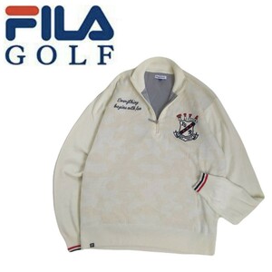 極美 豪華刺繍 最高級 FILA GOLF 蓄熱保温 ライナー付 ハーフジップ ウール混 総柄 ニット セーター メンズL フィラ ゴルフウェア 2401152A