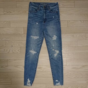 AMERICAN EAGLE American Eagle je серебристый g обтягивающий низ джинсы Denim брюки индиго авария повреждение обработка US 2 популярный 