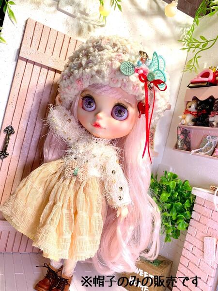 ブライス・アイシードール・ドール用帽子 いちごくまちゃんベレー帽