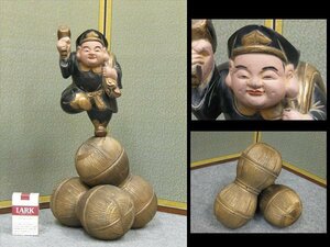 【心庵】時代物　木彫　金塗彩色／三徳俵　大黒　置物　高さ45.8cm　SK088