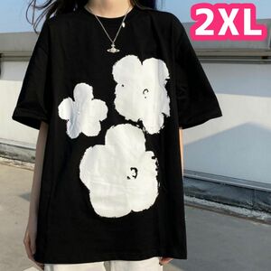 2XL　黒　花柄 Tシャツ　体型カバー　レディース　綿100％　大きいサイズ ブラック　フラワー　かわいい　3L XXL　シンプル