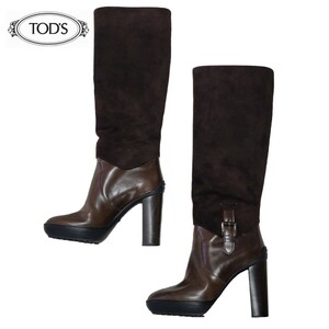 [2 times only have on ] Italy made Tod's TOD'S long boots 22. heel boots tea knee high boots suede × cow leather gomi-ni