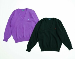 TH0020＝2点セット*ラルフローレン/RALPH LAUREN*総ウール*プルオーバー*Vネックニット*セーター*L*パープル/ネイビー