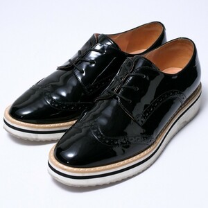 GO9907*STACCATO スタッカート*パテントレザー*エナメル*ウエッジソール*ウイングチップシューズ*レースアップ*23.5cm*靴*ブラック