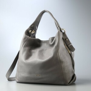 TG9624▼フルラ FURLA*エリザベス*本革/シボ革*ハンドバッグ 鞄*ショルダー付き 2way*サイドジップ*グレー