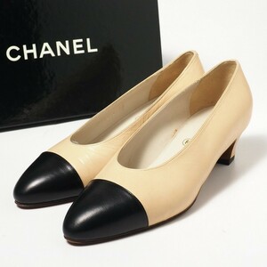 MF9787*未使用*CHANEL シャネル*00P*レザーパンプス*キャップトゥ*36C(22.5cｍ相当)*バイカラー*靴*クリーム×ブラック系*フランス製