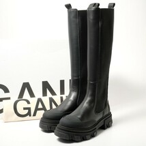 TG9004*《未使用/定価 7.9万円》GANNI ガニー Size 38 High Chelsea Boot サイドゴア レザー×ラバー ロングブーツ ブラック S1922_画像1