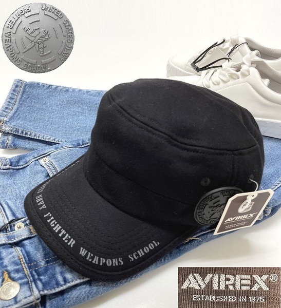 未使用品 AVIREX ブラック ワークキャップ メンズ レディースカジュアル アウトドア キャンプ トップガンロゴ アビレックス アヴィレックス