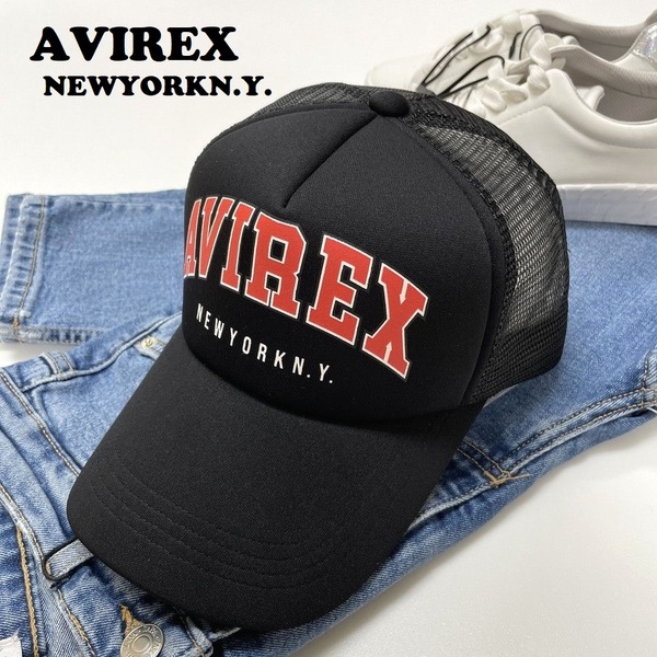 未使用品 AVIREX ブラック メッシュキャップ レッドロゴ メンズレディース大人カジュアル アウトドアキャンプ アビレックス アヴィレックス