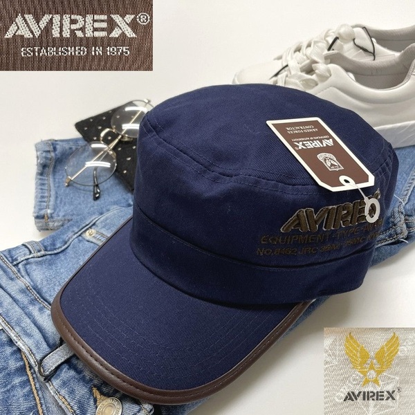 未使用品 AVIREX ネイビー ワークキャップ メンズ レディース ロゴ刺繍 タグ カジュアル アウトドア キャンプ アビレックス アヴィレックス
