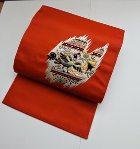 4466★交織り/紅緋色に刺繍を施した鳥の模様の八寸なごや帯 ★