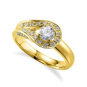 指輪 18金 イエローゴールド 天然石 三面メレの豪華なサイドストーンリング 主石の直径約5.2mm 割り腕 四本爪留め