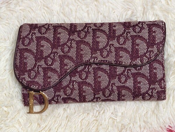  Dior クリスチャンディオール トロッタージャガード 三つ折り 長財布 レッド　美品