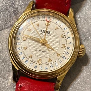 ●稼働品●良品● 箱付 ORIS オリス 自動巻 7405 17石 アイボリー文字盤 デイト 30M 裏スケ ラウンド レディース腕時計