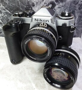 【収集品整理】NIKON FE2+Ai NIKKOR 50mm f1.4+85mm f2 単焦点レンズ2本セット+モータードライブMD-12 各動作良好 露出計OK 光学連写OK