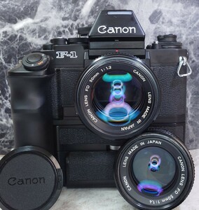 【終活整理】CANON NEW F-1＋NEW FD 50mm f1.2 シンデレラ単焦点＋50mm f1.4＋強力モータードライブFNセット 各動作良好 露出計OK 連写OK