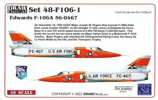 1/48 Draw Decals コンベア F-106A デルタダート エドワーズ空軍基地 速度レコード記録機用デカール 戦闘機 アメリカ空軍