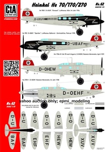 CTA-62 1/72 CTA ハインケル He70/He170/He270 高速旅客機 民間登録機仕様デカール ドイツ ルフトハンザ航空 