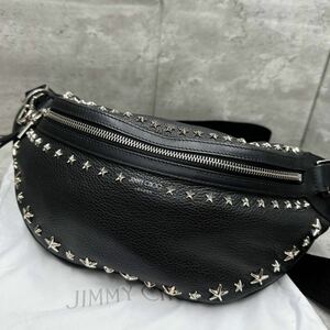 1円■極美品/現行品■JIMMY CHOO ジミーチュウ メンズ ビジネス スタースタッズ ボディバッグ ウエストポーチ ショルダー クロス レザー 袋