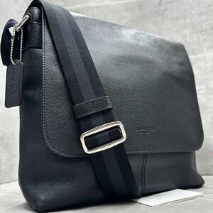 1円■美品■ COACH コーチ メンズ ショルダーバッグ メッセンジャー ボディー サコッシュ レザー 本革 斜めがけ ビジネス 黒 ブラック