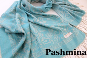 新品【Pashmina パシュミナ】ボタニカル 華 ペイズリー柄 大判 ストール 春色 エメラルドグリーン系 ベージュ Cashmere カシミア100%