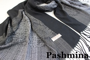 新品【Pashmina パシュミナ】ペイズリー 花柄ミックス 大判 ストール ブラック系 グレー ホワイト Cashmere カシミア100%