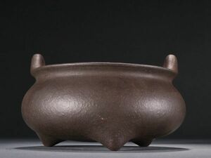 【瓏】老紫砂彫 双橋耳香炉 大明宣徳年製 中国陶磁器 古賞物 中国古玩 蔵出