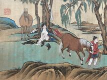 【瓏】「趙孟フ作 浴馬図長巻」元代画家 肉筆絹本 真作 掛け軸 書画立軸 巻き物 中国書画 蔵出_画像9