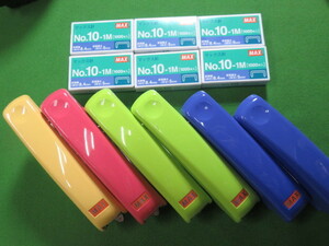 MAX 20枚とじホッチキスHD-10Dイエロー,ピンク,ライトグリーン,ブルー4色6個+ 針No.10-1M 6個セット