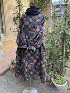着物リメイク☆大島紬ワンピースチュニック(タイ付き、バルーン袖