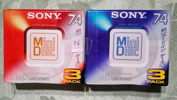 N 日本製 MD for WALKMAN ミニディスク SONY カラーコーディネート 74分 6枚セット（ 3枚入り×2PACK PEARL ORANGE&PEARL BLUE) 未開封