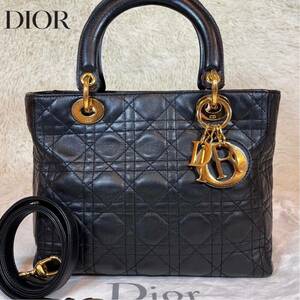 極美品　DIOR クリスチャンディオール ラムスキン　2way ハンドバッグ　ブラック　ショルダー　レザー　ゴールド金具 カナージュ 