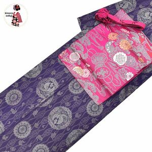 1円 アンティーク着物 名古屋帯 帯締め 正絹 3点セット レトロ 同梱可 【kimonomtfuji】 3nfuji42996