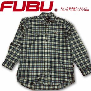 FUBU フブ チェック柄 長袖ウールシャツ Lサイズ ワンポイントロゴ刺繍