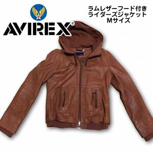 【美品】AVIREX アビレックス ラムレザーフード付き ライダーズジャケット 