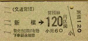 ◎ 交通営団 【 区間乗車券 】 新橋 → １２０円 区間 Ｈ１.１１.１１ 新橋 駅 発行　鋏 無し 　　