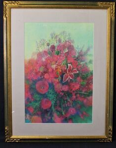Art hand Auction D442 祥白天 红色花束 粉彩 手绘 带框/玻璃, 艺术品, 绘画, 粉彩画, 蜡笔画
